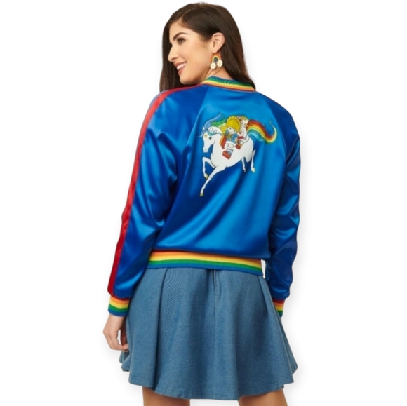 Unique Vintage Jackets & Blazers - Unique Vintage X Rainbow Brite Royal Blue Satin Bomber Jacket NWT Size XL